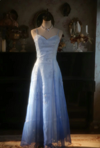 Vintage Gradient Light Blue A-Line Spaghetti Strap Beaded Tulle Long Formal Prom Dresses
