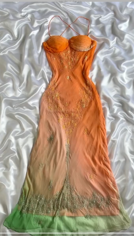 Vintage Gradient Orange Spaghetti Straps Chiffon Lace Sheath Formal Prom Dresses Elegant Formal Evening Dresses Gowns Main image
