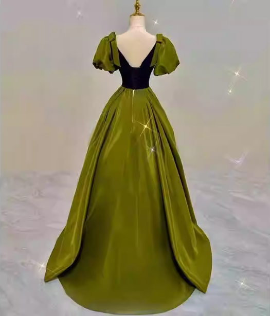 Vintage Green A-Line V-Neck Puff Sleeve Satin Long Formal Prom Dresses Secondary image
