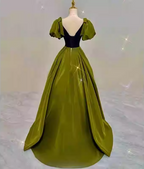 Vintage Green A-Line V-Neck Puff Sleeve Satin Long Formal Prom Dresses
