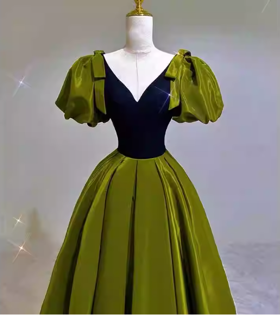 Vintage Green A-Line V-Neck Puff Sleeve Satin Long Formal Prom Dresses