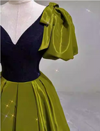 Vintage Green A-Line V-Neck Puff Sleeve Satin Long Formal Prom Dresses