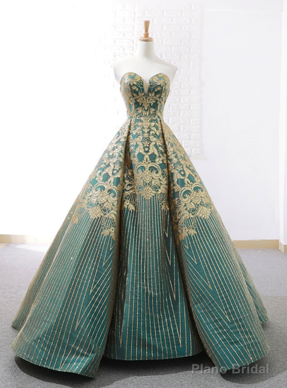 Vintage Green Ball Gown Gold Appliques Sweetheart Wedding Dress Main image