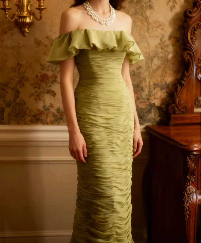 Vintage Green Fitted Off-Shoulder Ruffled Chiffon Long Formal Prom Dresses Secondary image
