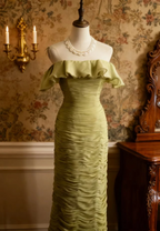 Vintage Green Fitted Off-Shoulder Ruffled Chiffon Long Formal Prom Dresses