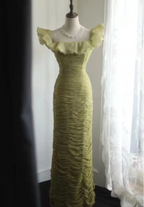 Vintage Green Fitted Off-Shoulder Ruffled Chiffon Long Formal Prom Dresses