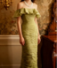 Vintage Green Fitted Off-Shoulder Ruffled Chiffon Long Formal Prom Dresses