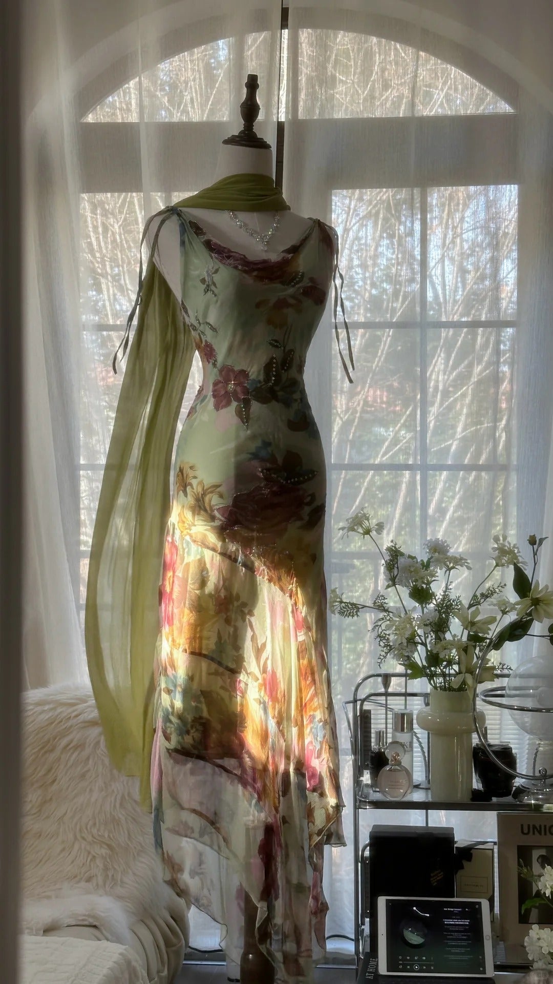 Vintage Green Oil Painting Chiffon Print Irregular Skirt Formal Prom Dresses Secondary image