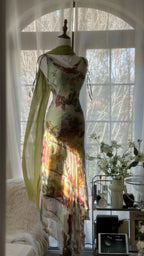 Vintage Green Oil Painting Chiffon Print Irregular Skirt Formal Prom Dresses