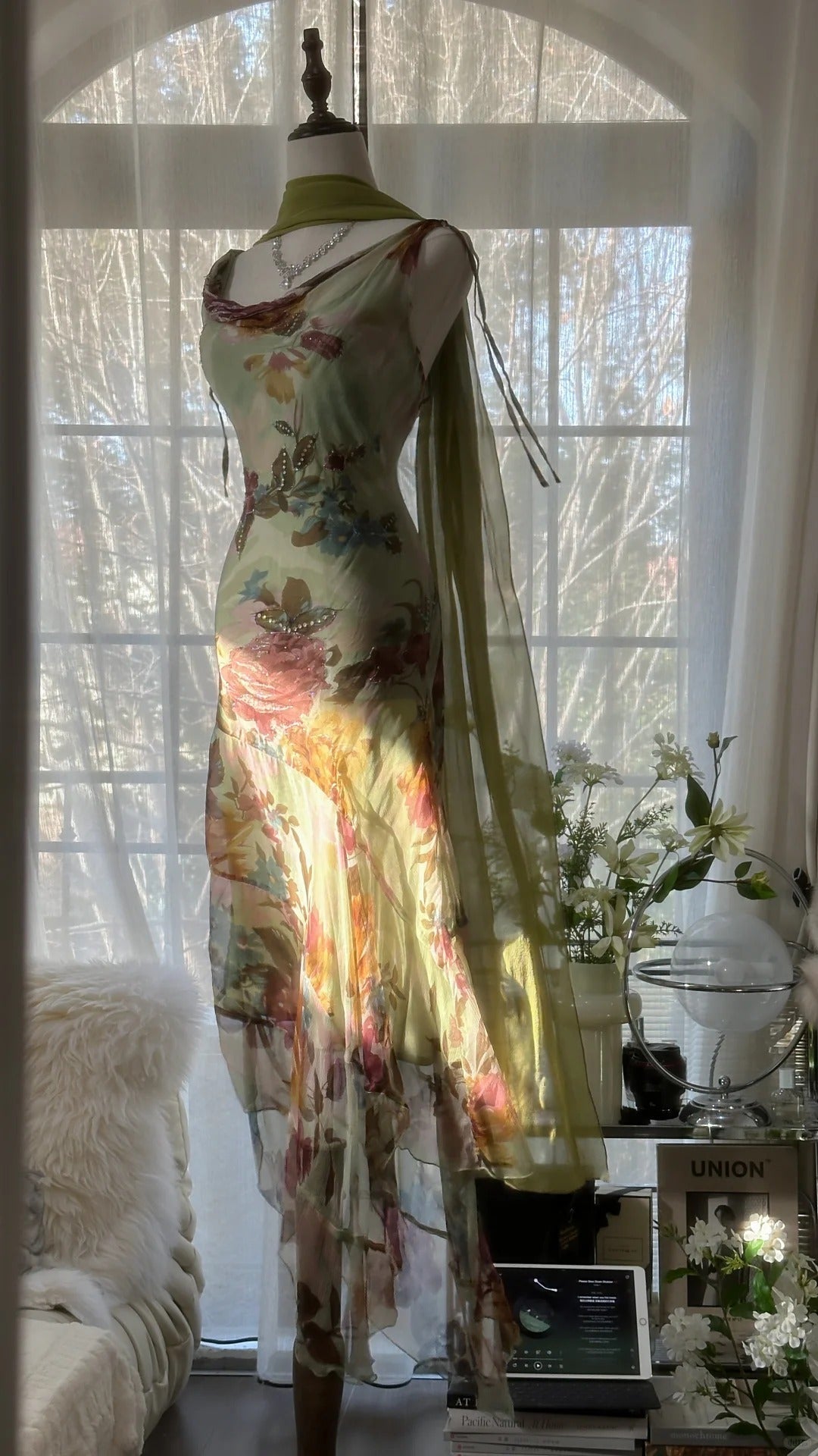 Vintage Green Oil Painting Chiffon Print Irregular Skirt Formal Prom Dresses