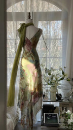 Vintage Green Oil Painting Chiffon Print Irregular Skirt Formal Prom Dresses