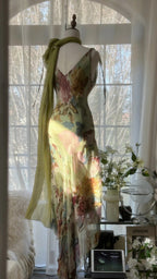 Vintage Green Oil Painting Chiffon Print Irregular Skirt Formal Prom Dresses