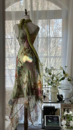 Vintage Green Oil Painting Chiffon Print Irregular Skirt Formal Prom Dresses
