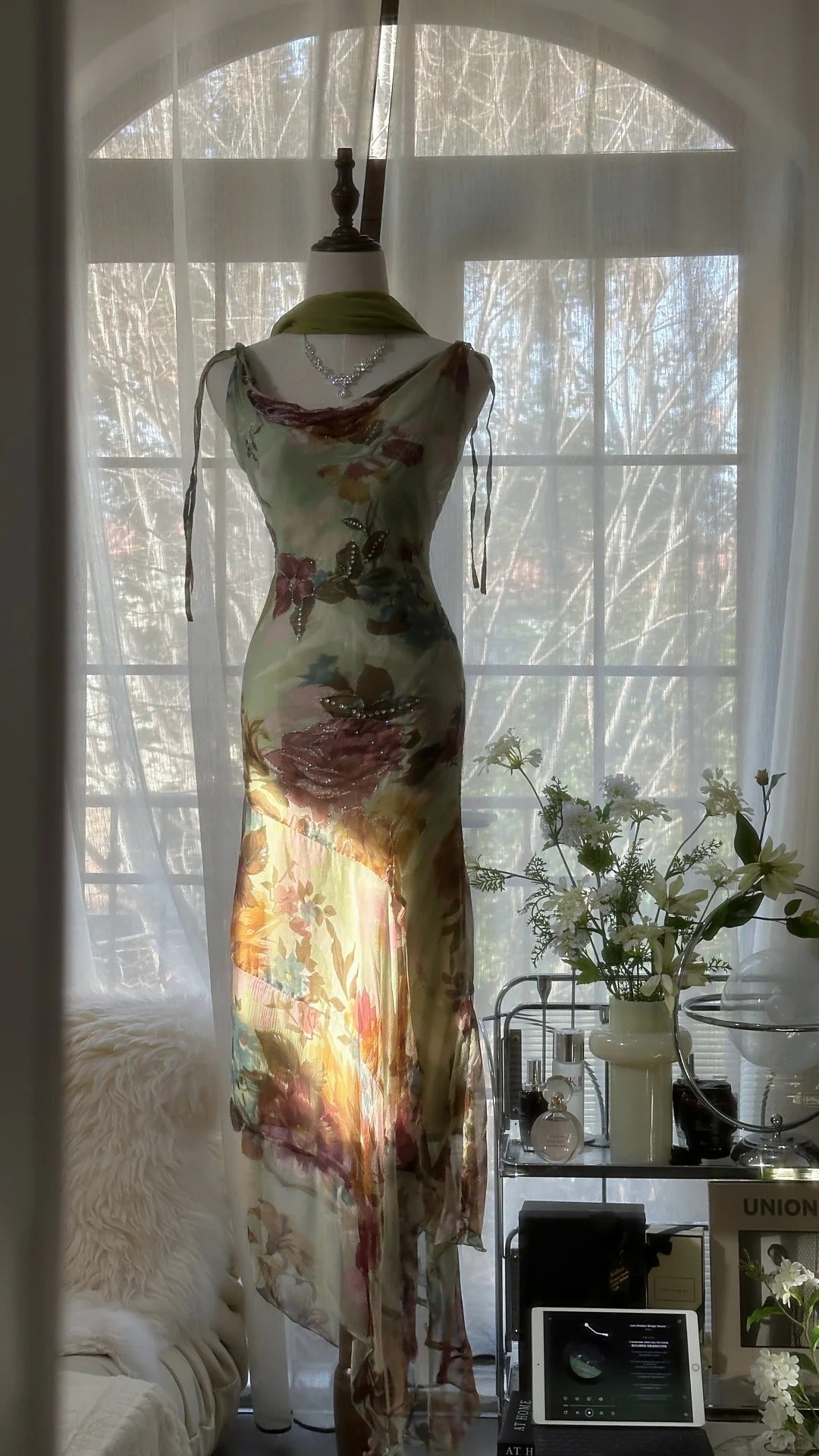 Vintage Green Oil Painting Chiffon Print Irregular Skirt Formal Prom Dresses