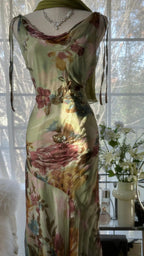 Vintage Green Oil Painting Chiffon Print Irregular Skirt Formal Prom Dresses