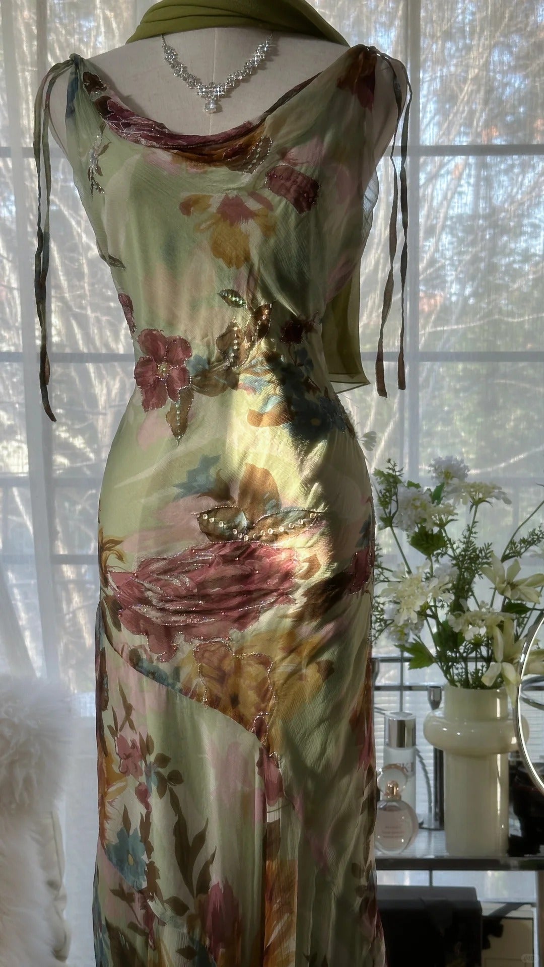 Vintage Green Oil Painting Chiffon Print Irregular Skirt Formal Prom Dresses