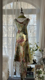 Vintage Green Oil Painting Chiffon Print Irregular Skirt Formal Prom Dresses