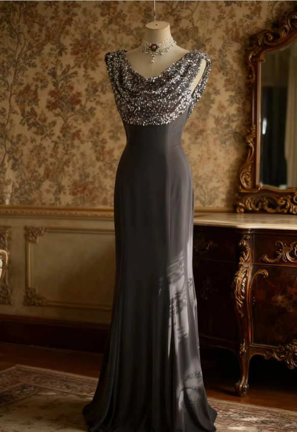 Vintage Black Mermaid Sequin Satin Long Formal Prom Dresses