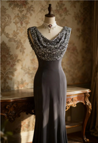 Vintage Black Mermaid Sequin Satin Long Formal Prom Dresses