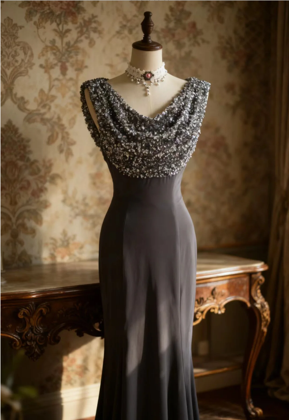 Vintage Black Mermaid Sequin Satin Long Formal Prom Dresses
