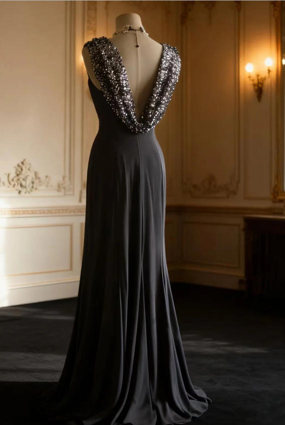 Vintage Black Mermaid Sequin Satin Long Formal Prom Dresses