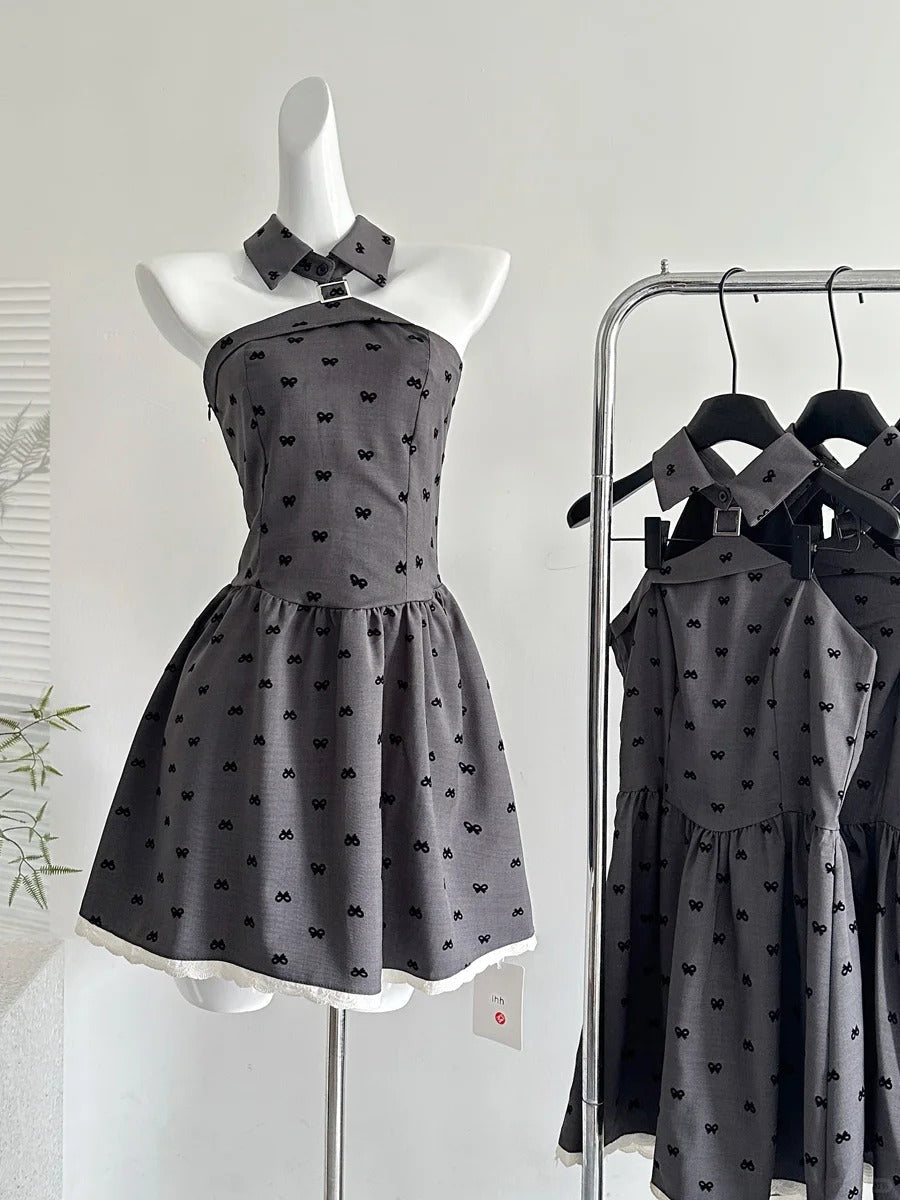 Vintage Grey Printed Lapel A-Line Short 17Th Birthday Homecoming Dresses