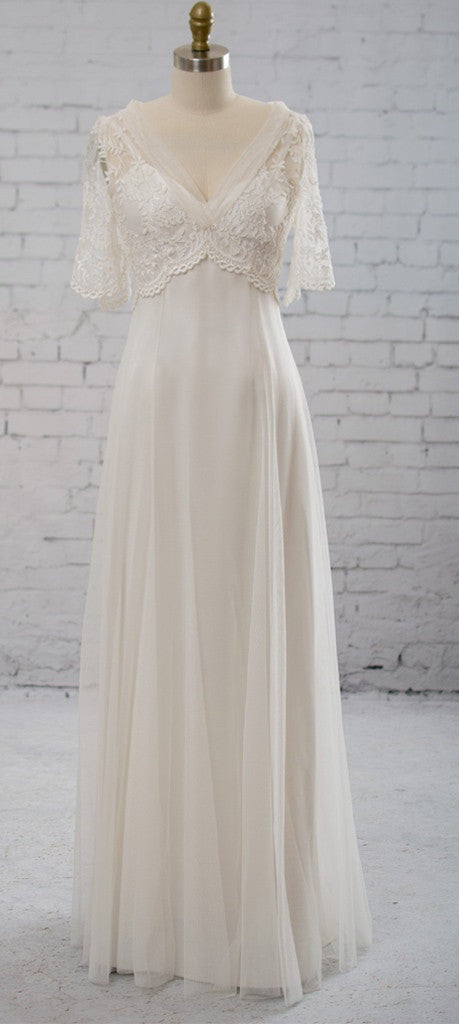Vintage Half Sleeve V-Neck Elegant See Through Wedding Prom Dresses