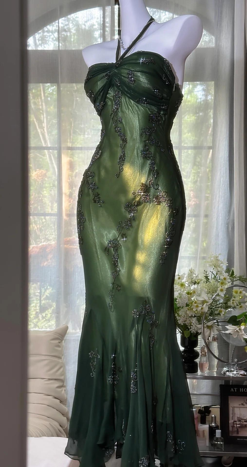 Vintage Halter  Mermaid Long Formal Prom Dresses Chiffon Beaded Dark Green Long Formal Dresses Secondary image