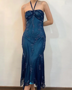 Vintage Halter  Mermaid Long Formal Prom Dresses Chiffon Beaded Dark Green Long Formal Dresses