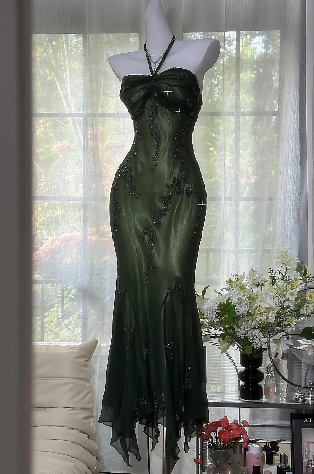 Vintage Halter  Mermaid Long Formal Prom Dresses Chiffon Beaded Dark Green Long Formal Dresses Main image
