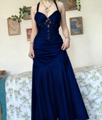 Vintage Halter V Neck  Beaded Appliques 90S Formal Prom Dresses Mermaid Formal Evening Dresses