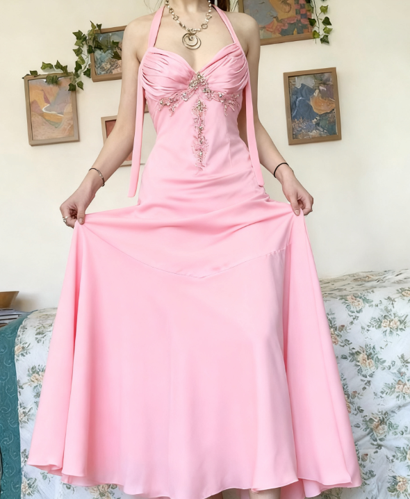 Vintage Halter V Neck  Beaded Appliques 90S Formal Prom Dresses Mermaid Formal Evening Dresses