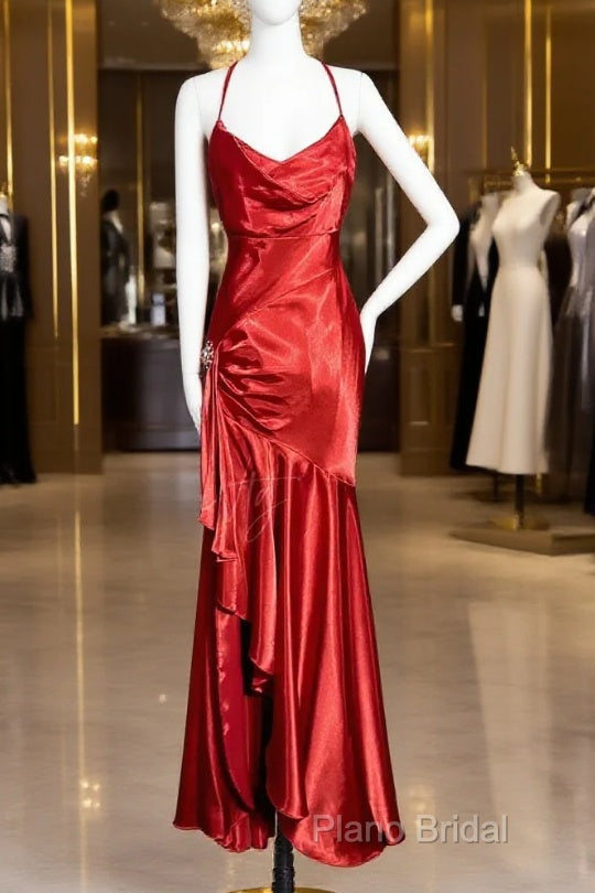 Vintage High Low Halter Satin Red Formal Prom Gown Fairy Long Formal Prom Dresses Main image