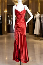 Vintage High Low Halter Satin Red Formal Prom Gown Fairy Long Formal Prom Dresses
