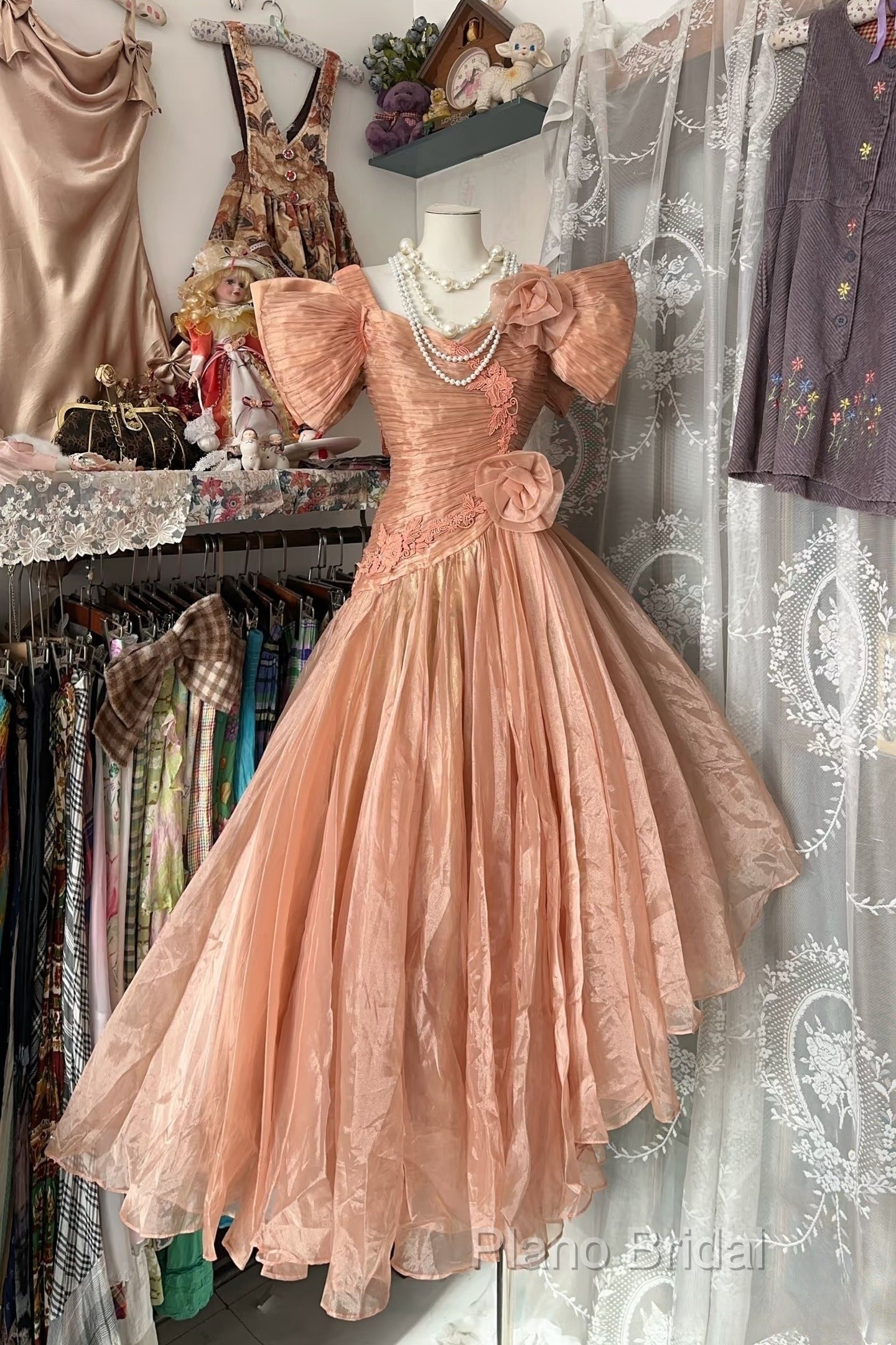 Vintage High Low Short Sleeves Flowers Formal Dresses Formal Prom Dresses