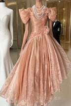 Vintage High Low Short Sleeves Flowers Formal Dresses Formal Prom Dresses