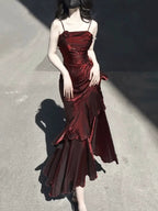 Vintage High Low Spaghetti Straps Burgundy Long Party Dresses Birthday Outfits