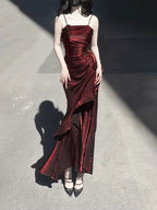 Vintage High Low Spaghetti Straps Burgundy Long Party Dresses Birthday Outfits