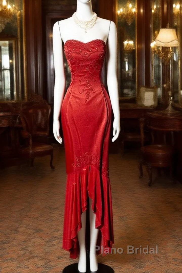 Vintage High Low Strapless Red Long Formal Prom Gown Fairy Formal Prom Dresses Main image