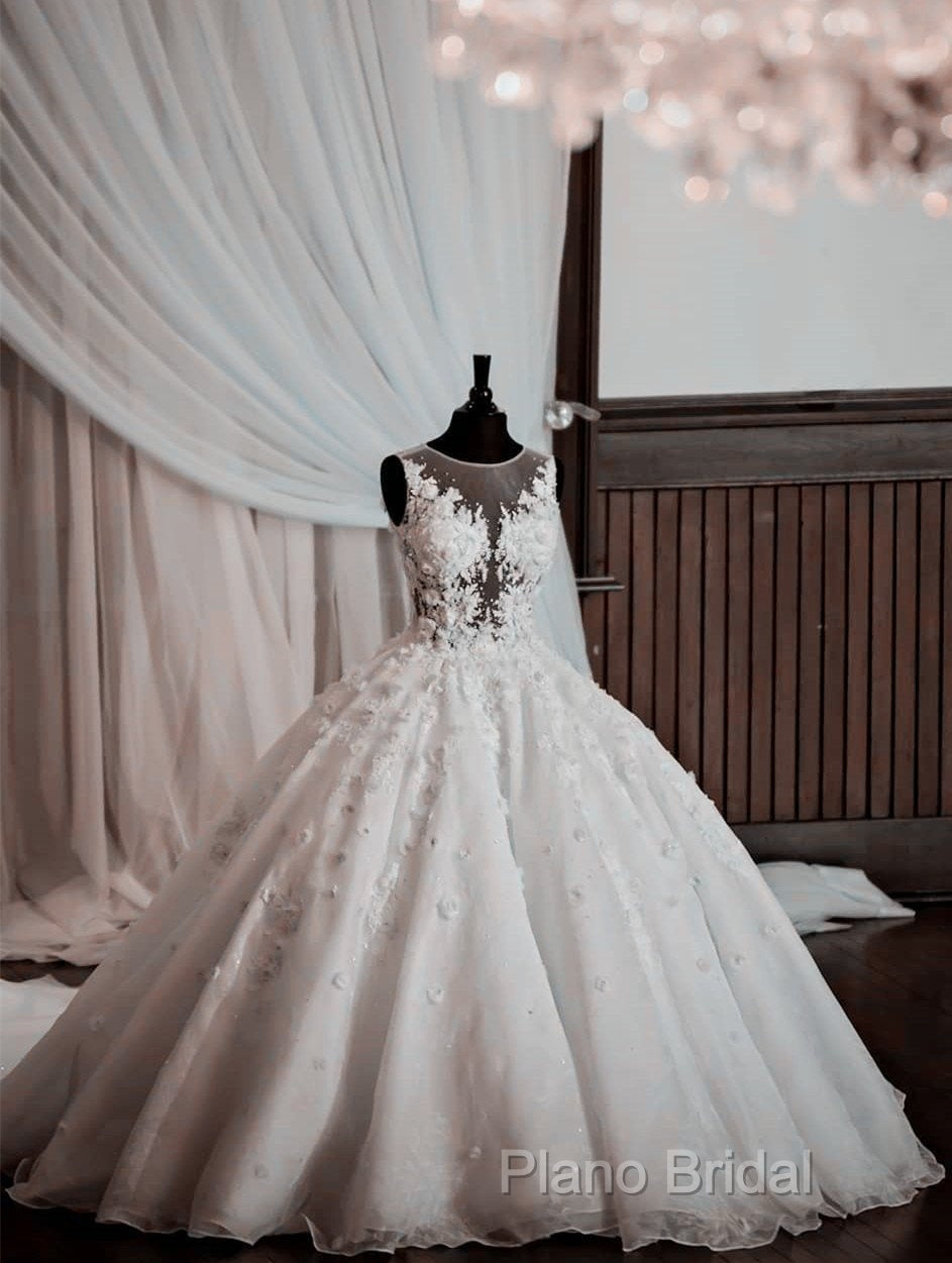 Vintage Illusion Neckline Lace Wedding Dresses Ball Gowns