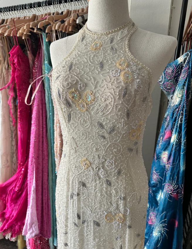 Vintage Ivory Mermaid High-Neck Beaded Floral Mesh Long Formal Prom Dresses Secondary image