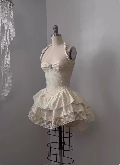 Vintage Jacquard Halter Neck Lace Trim Mini Birthday Skirt Homecoming Dresses