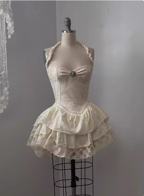 Vintage Jacquard Halter Neck Lace Trim Mini Birthday Skirt Homecoming Dresses