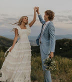 Vintage Lace Formal Prom Dresses, A Line Wedding Dresses, Long Square Neck Bridal Dresses