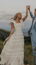 Vintage Lace Formal Prom Dresses, A Line Wedding Dresses, Long Square Neck Bridal Dresses