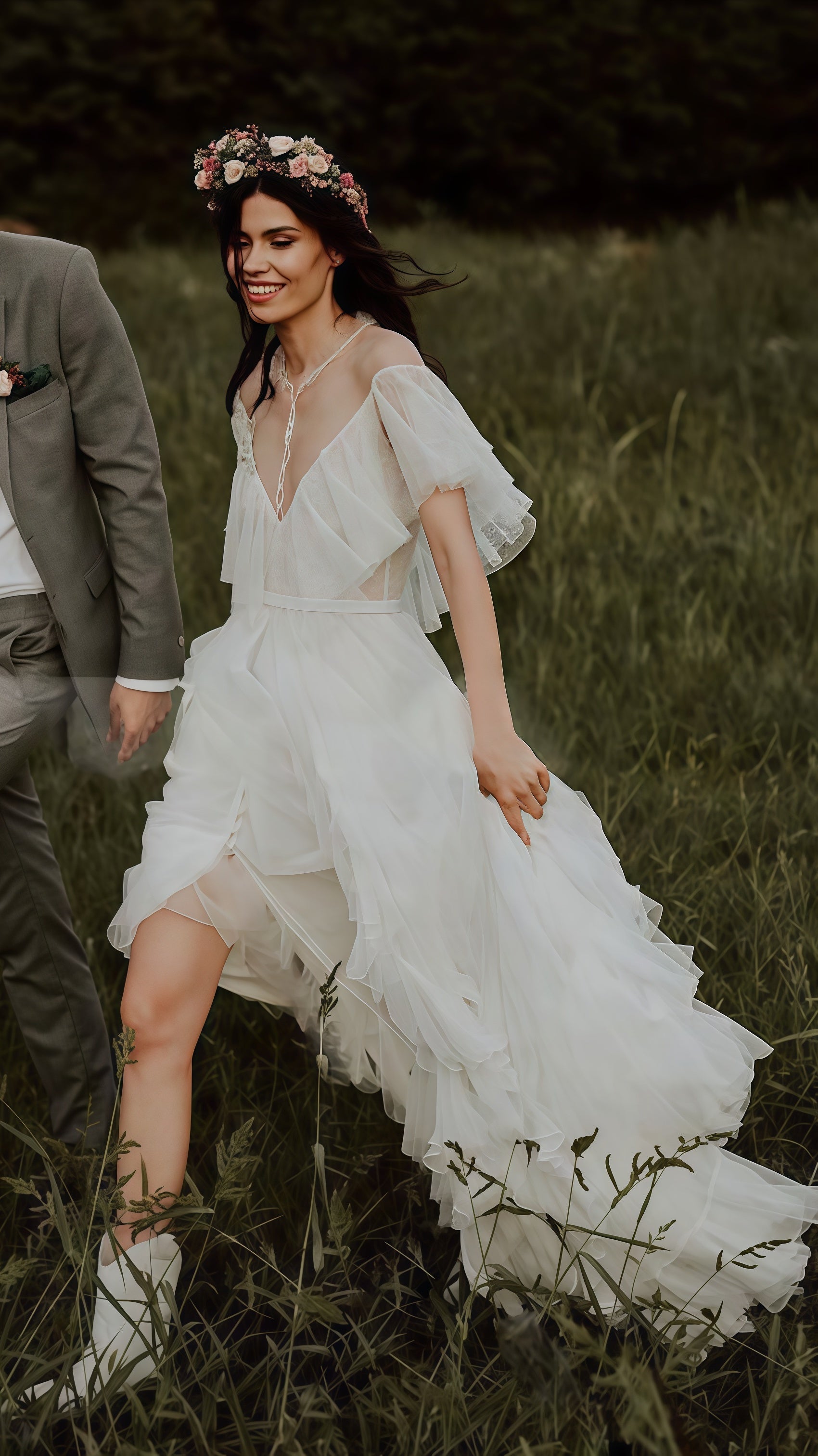 Vintage Lace Ruffle Party Dresses, White Wedding Dresses With Slit