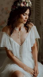 Vintage Lace Ruffle Party Dresses, White Wedding Dresses With Slit