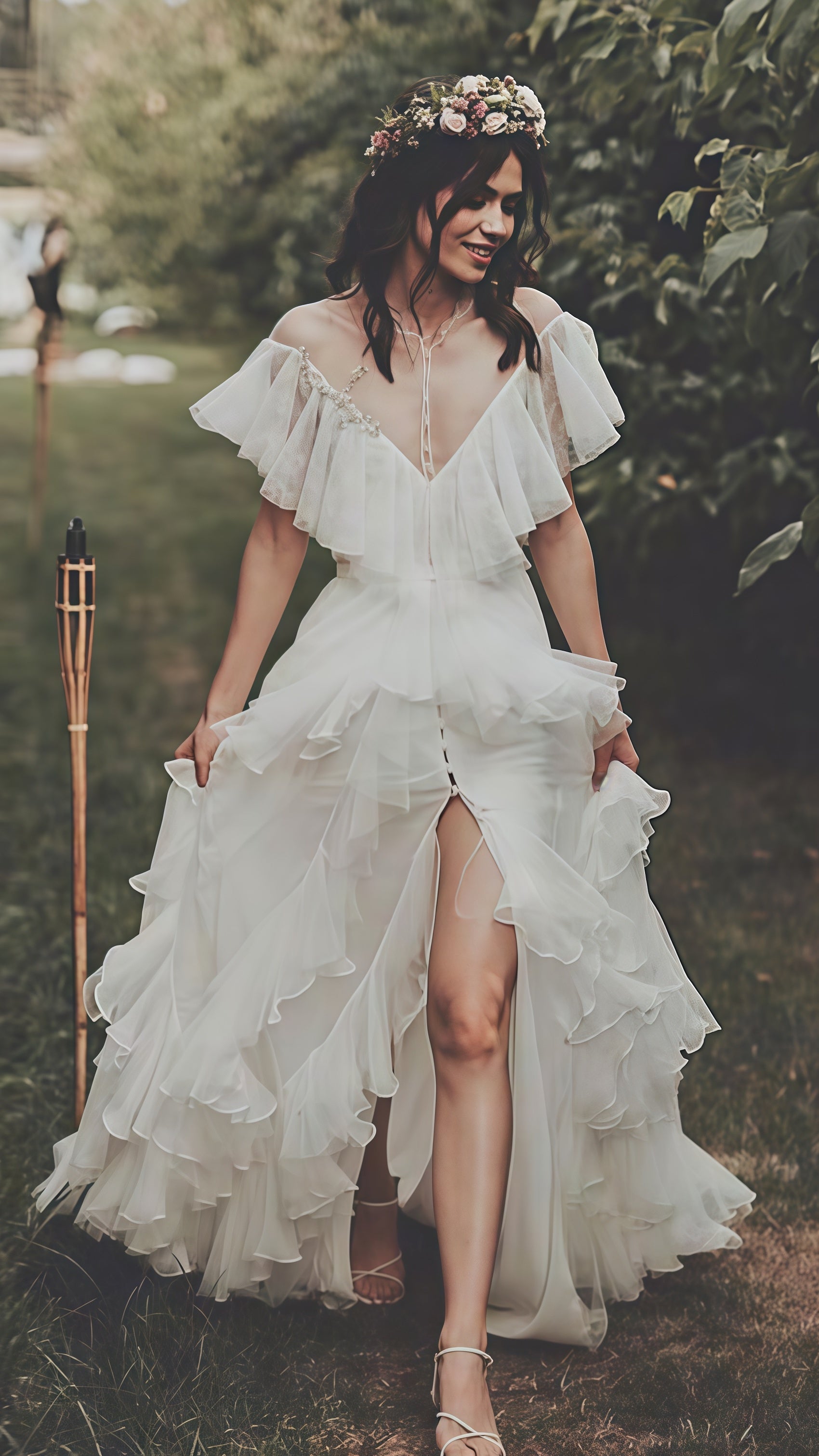 Vintage Lace Ruffle Party Dresses, White Wedding Dresses With Slit Main image