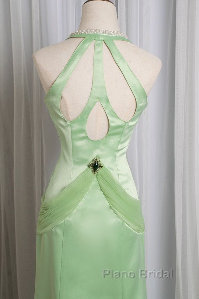 Vintage Light Green Mermaid Halter Satin Beaded Long Formal Prom Dresses
