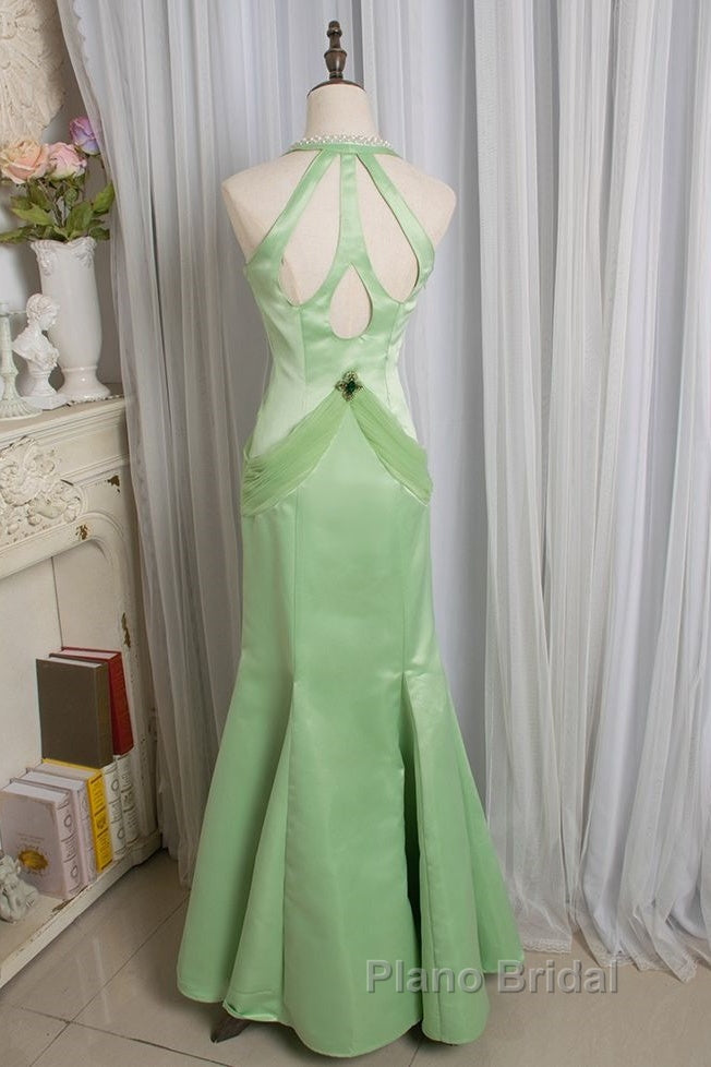 Vintage Light Green Mermaid Halter Satin Beaded Long Formal Prom Dresses